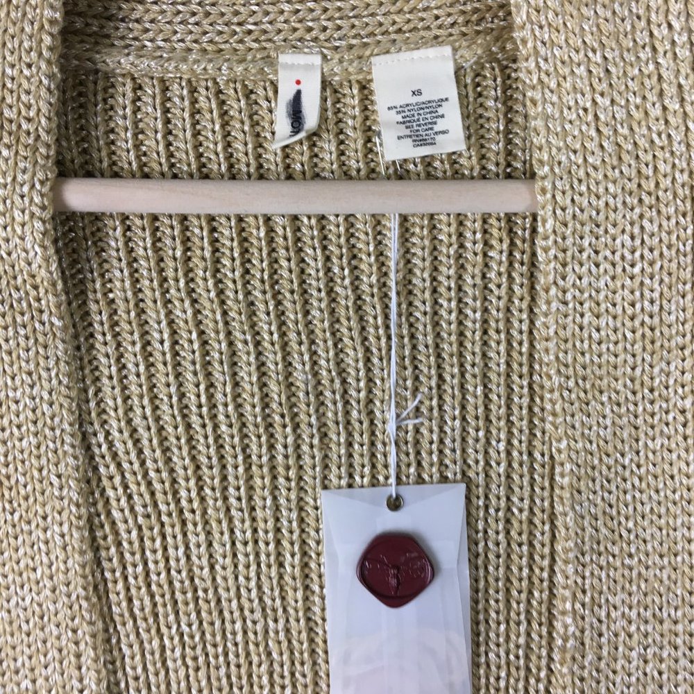 Anthropologie Moth Cardigan XS Sweater Gold Metallic Knit Wrap Around Career - Picture 7 of 14